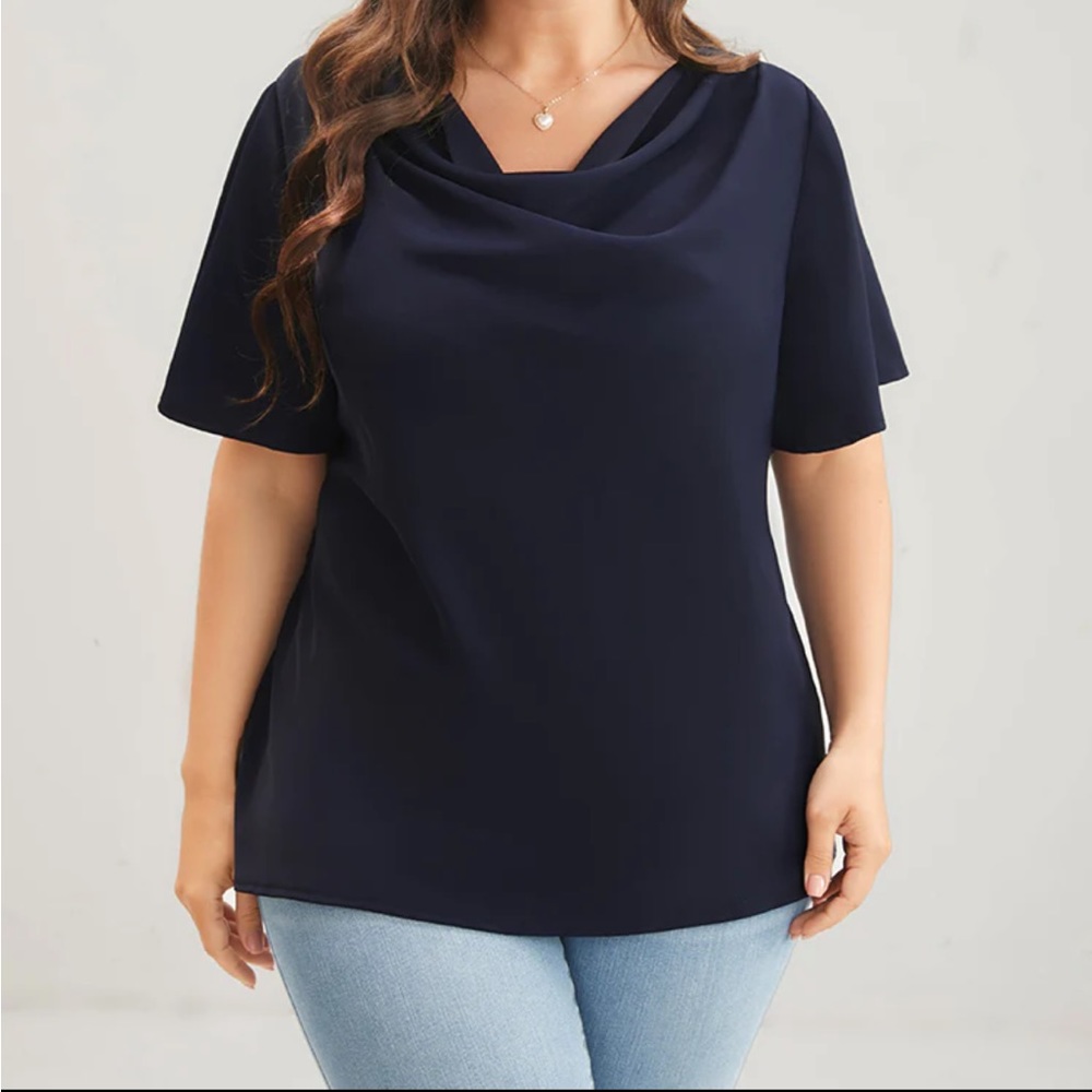 Plain Cowl Neck Ruffle Sleeve Blouse